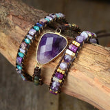 Pulsera envolvente de cuero de amatista - Charms Moon Dance