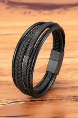 Zwarte Meerlaagse Gevlochten Leren Armband Voor Heren - Moon Dance Charms