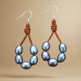 Boho leather freshwater pearl hoop earrings - elegant jewelry - Moon Dance Charms