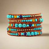 Five Wrap Leather Beaded Bracelets Boho Style - Moon Dance Charms
