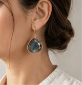 Labradorite drop earring with a gold-toned setting and hook.