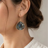 Labradorite drop earring with a gold-toned setting and hook.