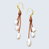 Handmade leather and freshwater pearl dangle earrings - gift for bride - Moon Dance Charms