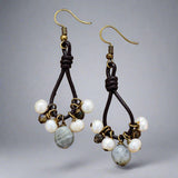 Boho leather and labradorite pearl dangle earrings - handmade jewelry - Moon Dance Charms
