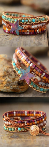 Wickelarmband aus Leder mit Sternsteinen