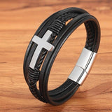 Leren armband voor heren zwart met kruis - Moon Dance Charms