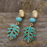 Monstera blad turquoise statement oorbellen - natuur boho sieraden - Moon Dance Charms