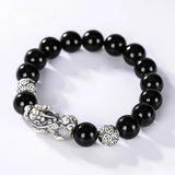 Pixiu Feng Shui Black Obsidian Bracelet For Wealth Silver - Moon Dance Charms