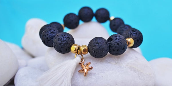 Natural Black Lava Stone & Chakra Heart Bead Bracelet