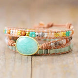 Lether Wrap Bracelet For Women with Amazonite Natural Stones Multistrand Wap Bracelet