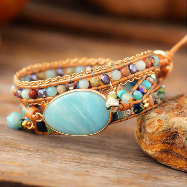 Amazonite Multilayered Leather Wrap Bracelet - Moon Dance Charms