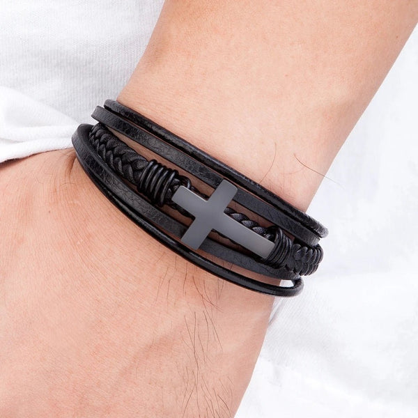 Cross and Leather Bracelet for Men - Moon Dance Charms