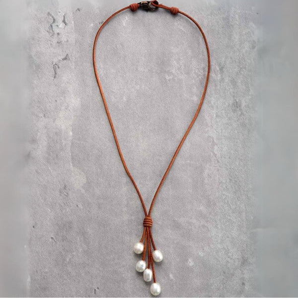 Freshwater Pearl Leather Necklace Choker - Moon Dance Charms