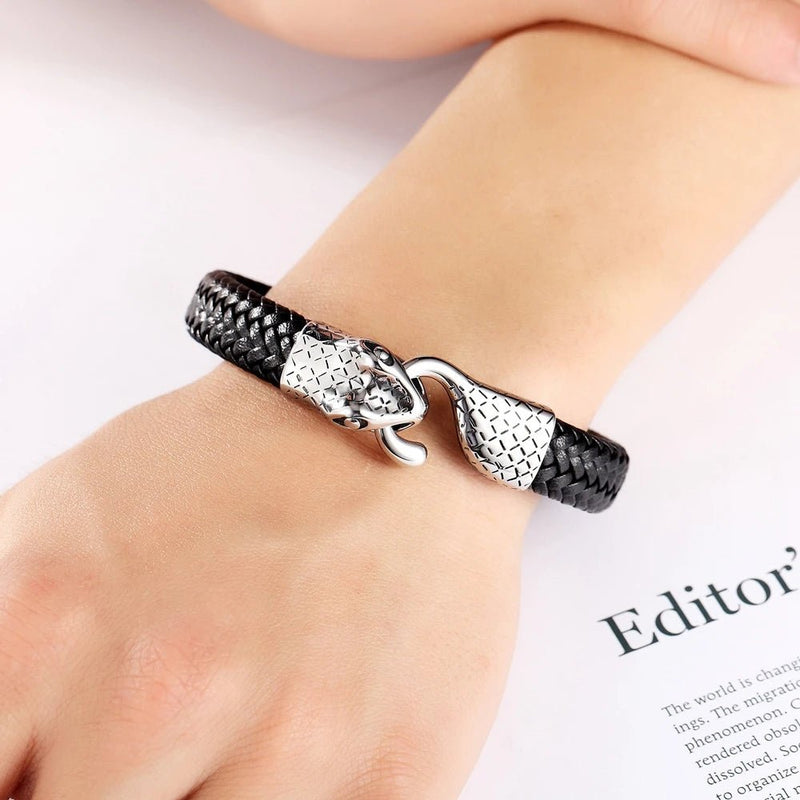 Snake And Leather Bracelet For Men - Black