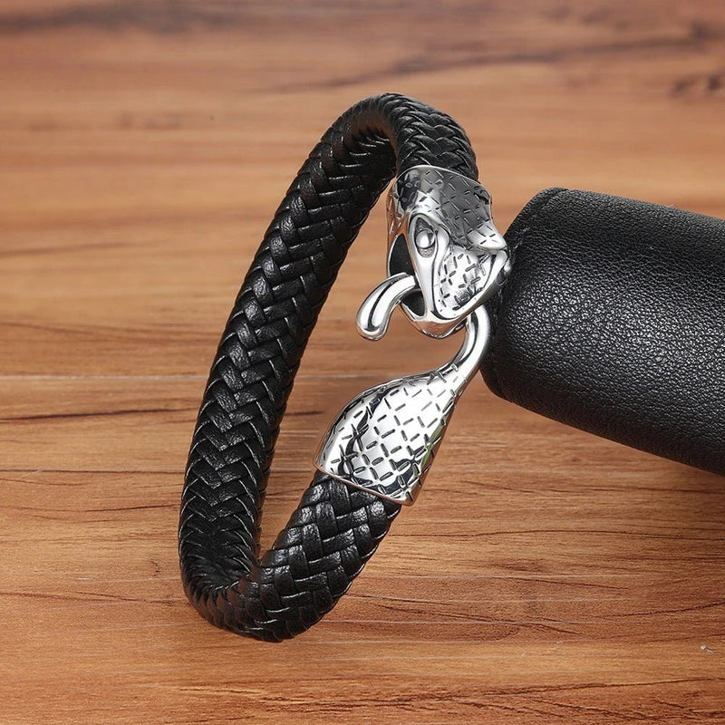 Snake And Leather Bracelet For Men - Black