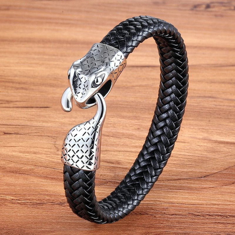 Snake And Leather Bracelet For Men - Black