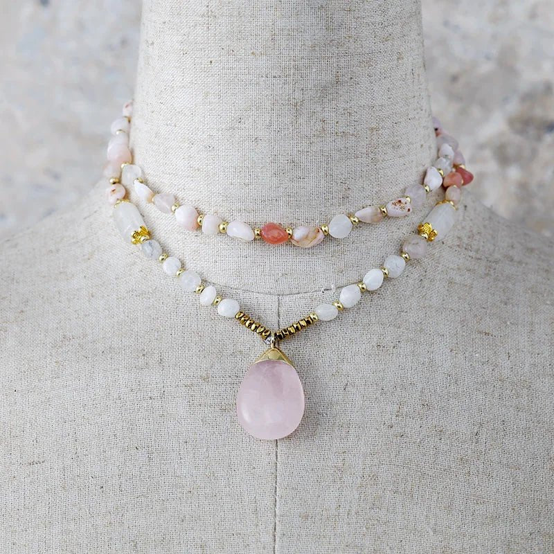 Harmony Necklace With Rose Quartz, Strawberry Quartz and Agate - Moon Dance Charms