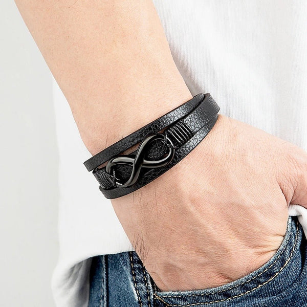 Infinity Leather Bracelet For Men - Black - Moon Dance Charms