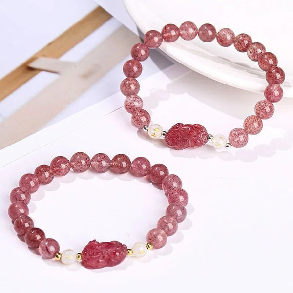 Pixiu Bracelet For Good Luck in Strawberry Quartz - Moon Dance Charms