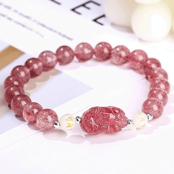 Pixiu Bracelet For Good Luck in Strawberry Quartz - Moon Dance Charms