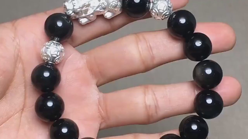 Pixiu Feng Shui Black Obsidian Bracelet For Wealth Silver Video