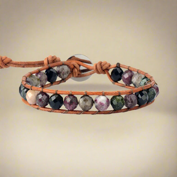 Rainbow Tourmaline Leather Cuff Bracelet 