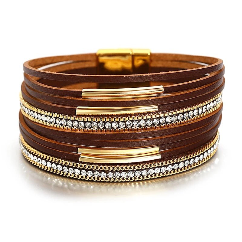 Rhinestones Leather Wrap Bracelet For Women - Moon Dance Charms