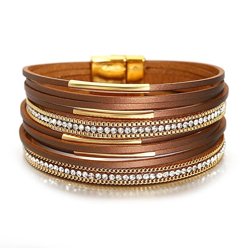 Rhinestones Leather Wrap Bracelet For Women - Moon Dance Charms