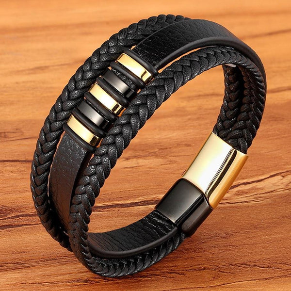 Cool Red Braided Leather Bangle Bracelet With Black Steel Bead & Magnetic Clasp – 22cm Long