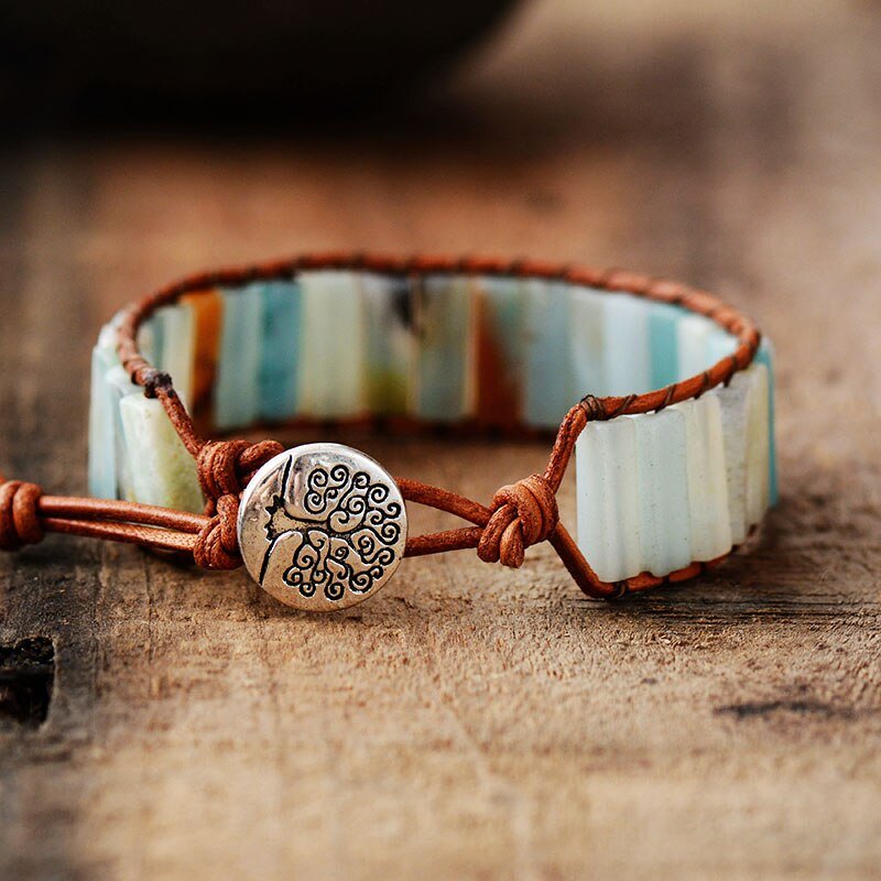 Amazonite & Leather Stone Cuff Bracelet - Moon Dance Charms