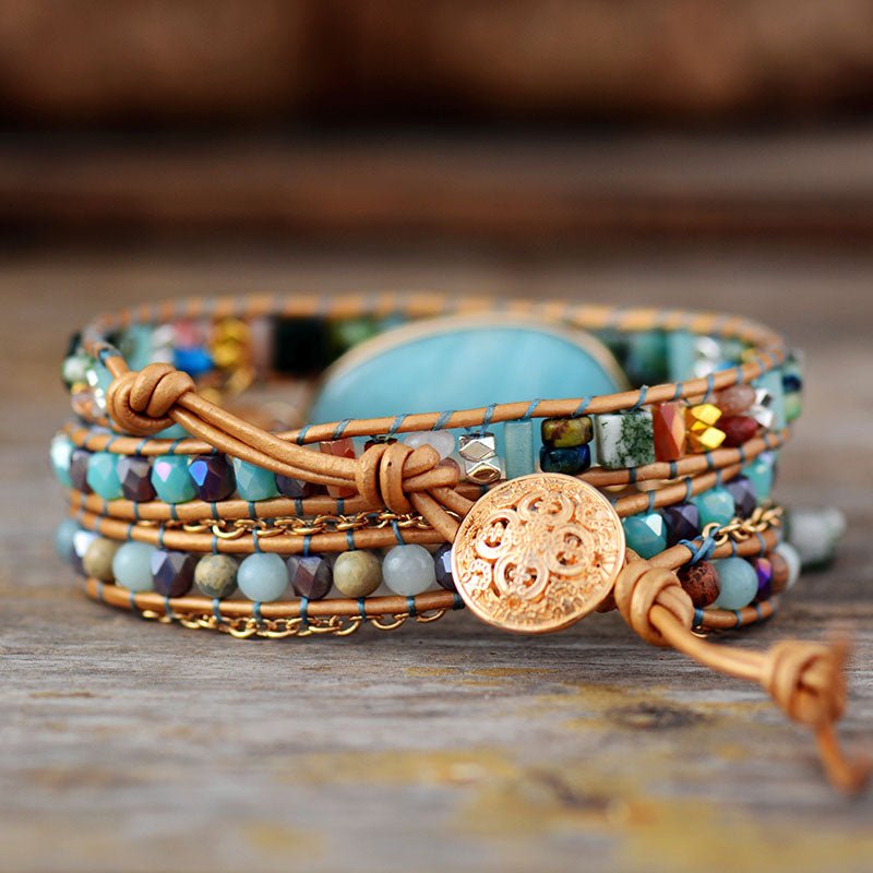 Amazonite Multilayered Leather Wrap Bracelet - Moon Dance Charms