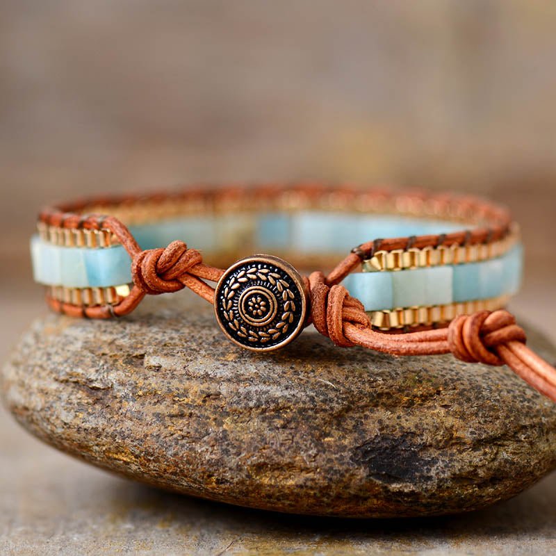 Calming Amazonite Leather Bead Cuff Bracelet - Moon Dance Charms