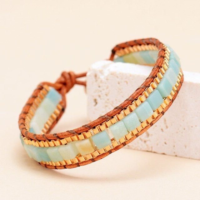 Calming Amazonite Leather Bead Cuff Bracelet - Moon Dance Charms
