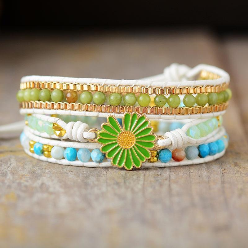 Daisy Charm Jade Wrap Bracelet