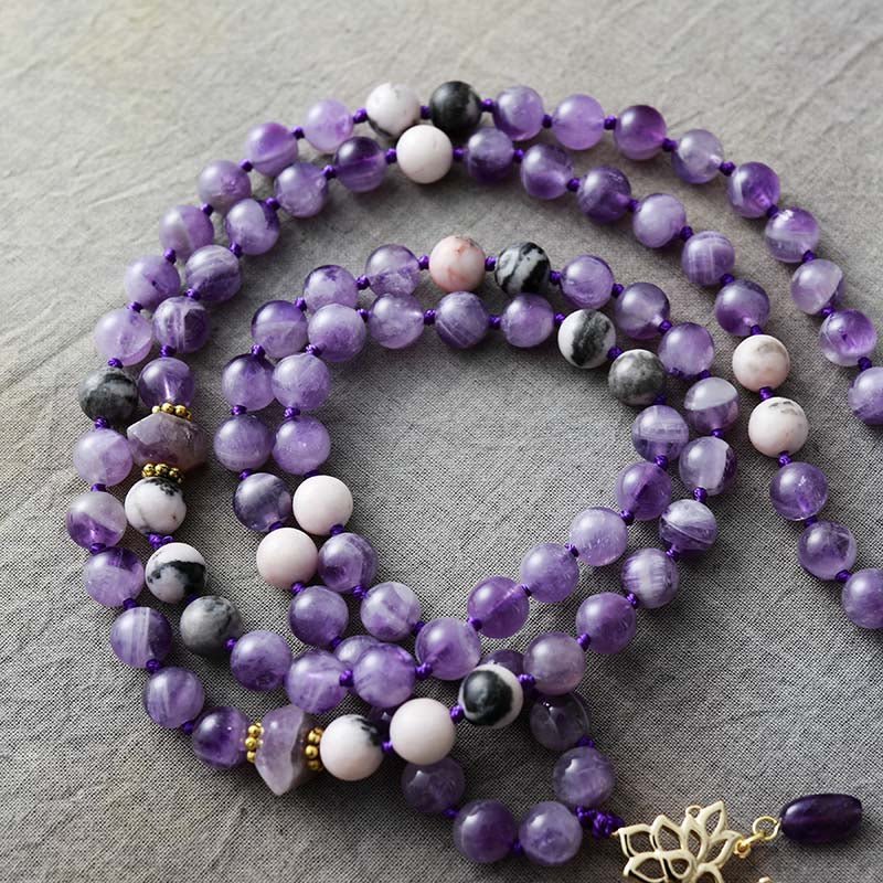 Hand knotted Amethyst Mala Necklace with 108 Beads
