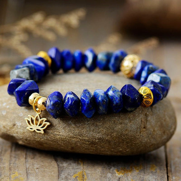 Lapis Lazuli Stretch Bracelet With Lotus Charm - Moon Dance Charms