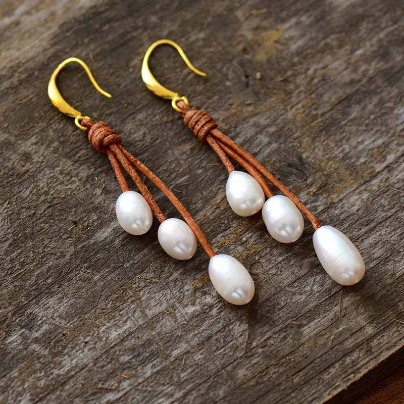 Leather Pearl Earrings - Moon Dance Charms