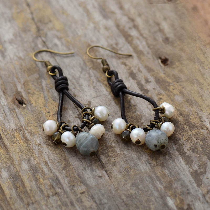 Leather Pearl Earrings Labradorite - Moon Dance Charms