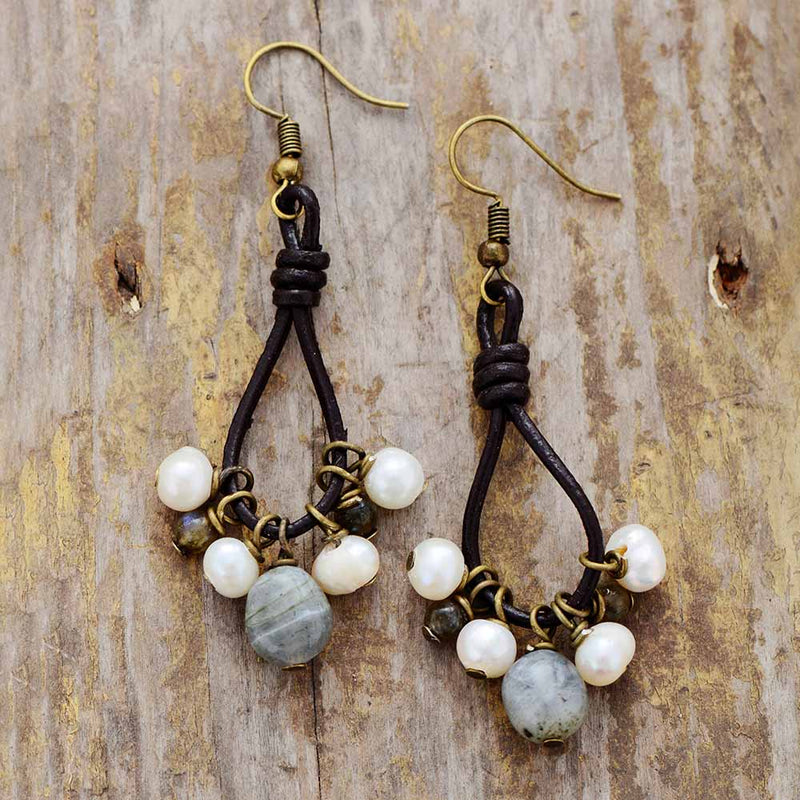 Leather Pearl Earrings Labradorite - Moon Dance Charms