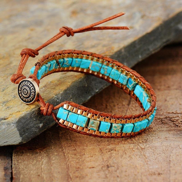 Turquoise and Leather Bead Cuff Bracelet