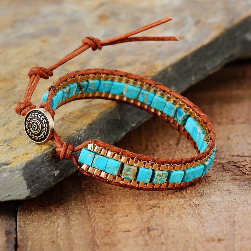 Turquoise and Leather Bead Cuff Bracelet