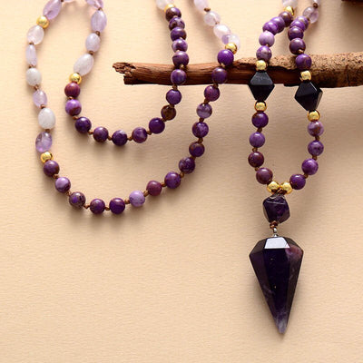 Pendulum Necklace String Knotted with Amethyst