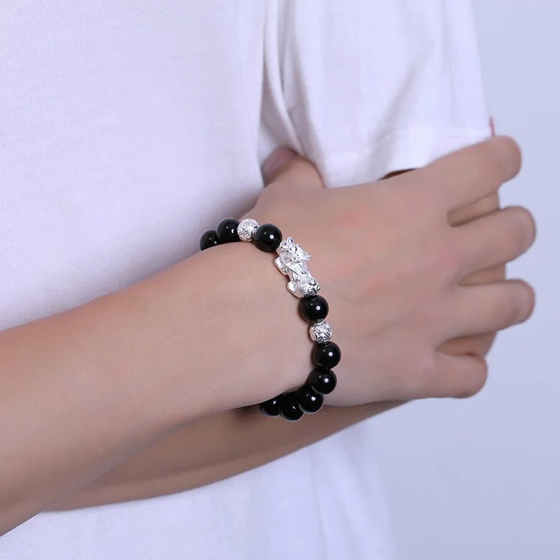 Pixiu Feng Shui Black Obsidian Bracelet For Wealth Silver Moon