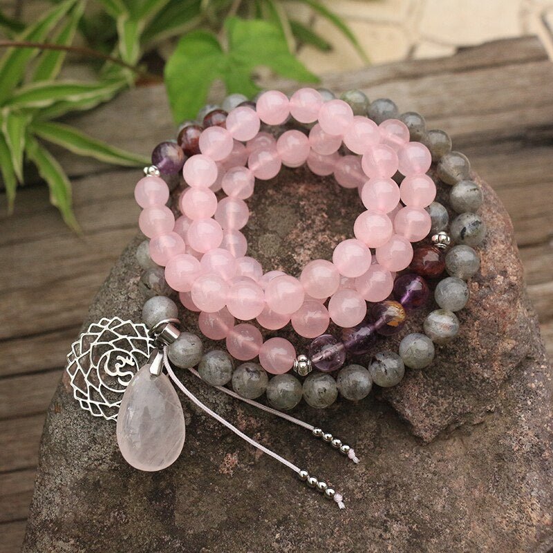 Rose Quartz and Labradorite Mala Necklace - Moon Dance Charms