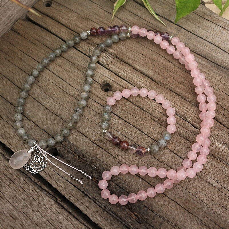 Rose Quartz and Labradorite Mala Necklace - Moon Dance Charms