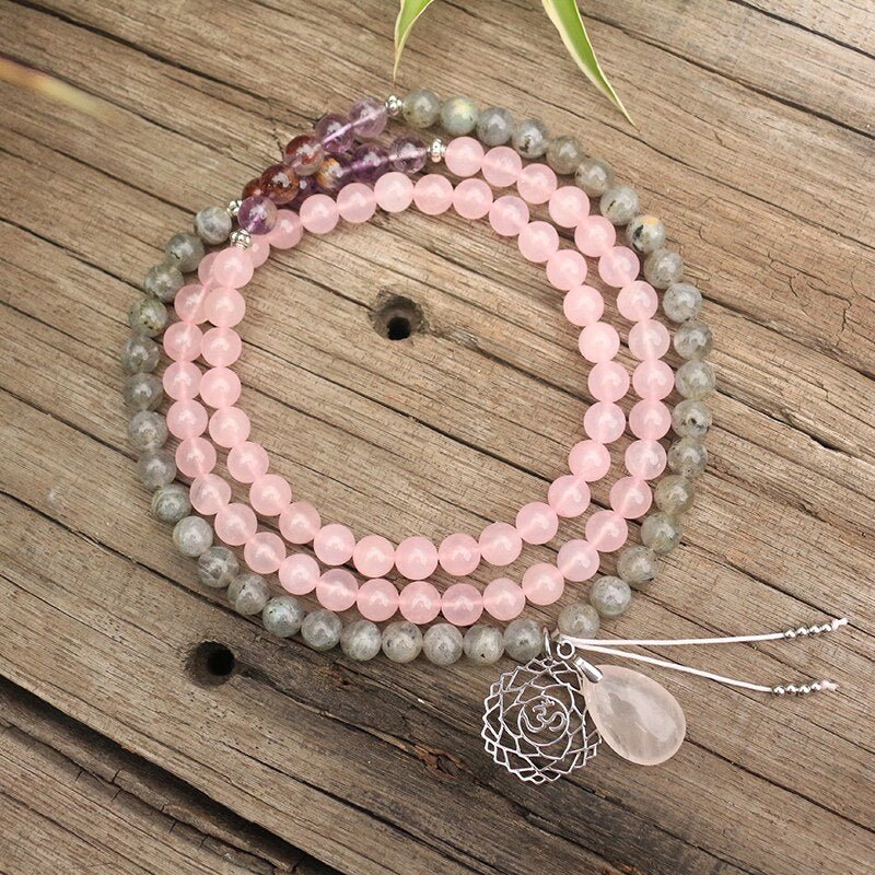 Rose Quartz and Labradorite Mala Necklace - Moon Dance Charms