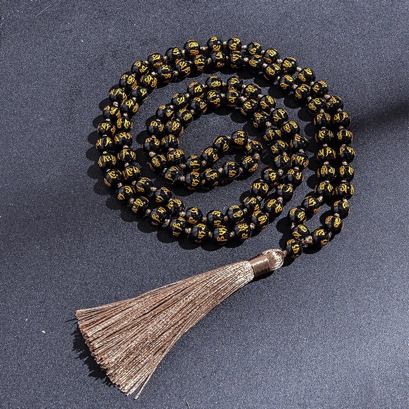 Six Words Mantra Black Obsidian Mala Beads 108 - Moon Dance Charms
